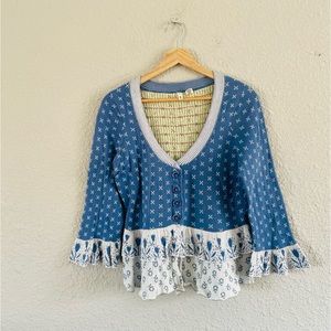 MOTH Anthropologie Blue & White Floral Sweater with Pansy Buttons